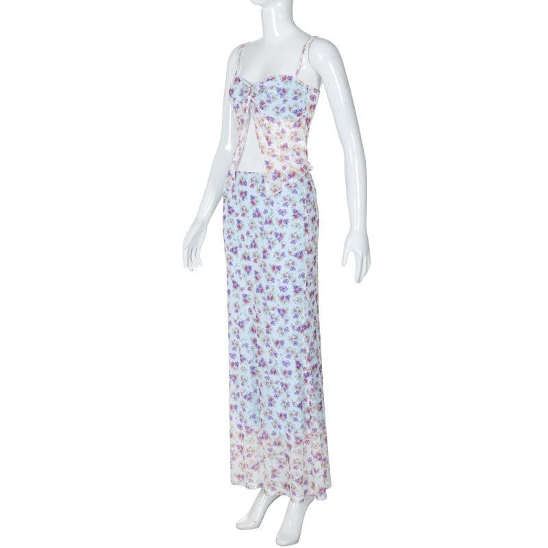 Print ruched high slit sweetheart neck mesh cami maxi skirt set