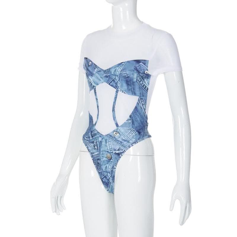Short sleeve denim print contrast crewneck bodysuit-final-sale