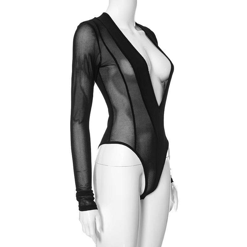 Long sleeve v neck stitch patchwork mesh bodysuit