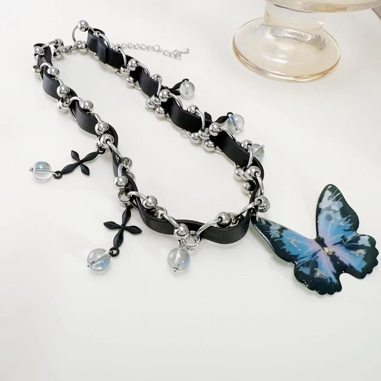 Butterfly PU leather beaded cross choker necklace