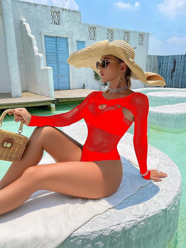 Long sleeve hollow out cross front net bodysuit
