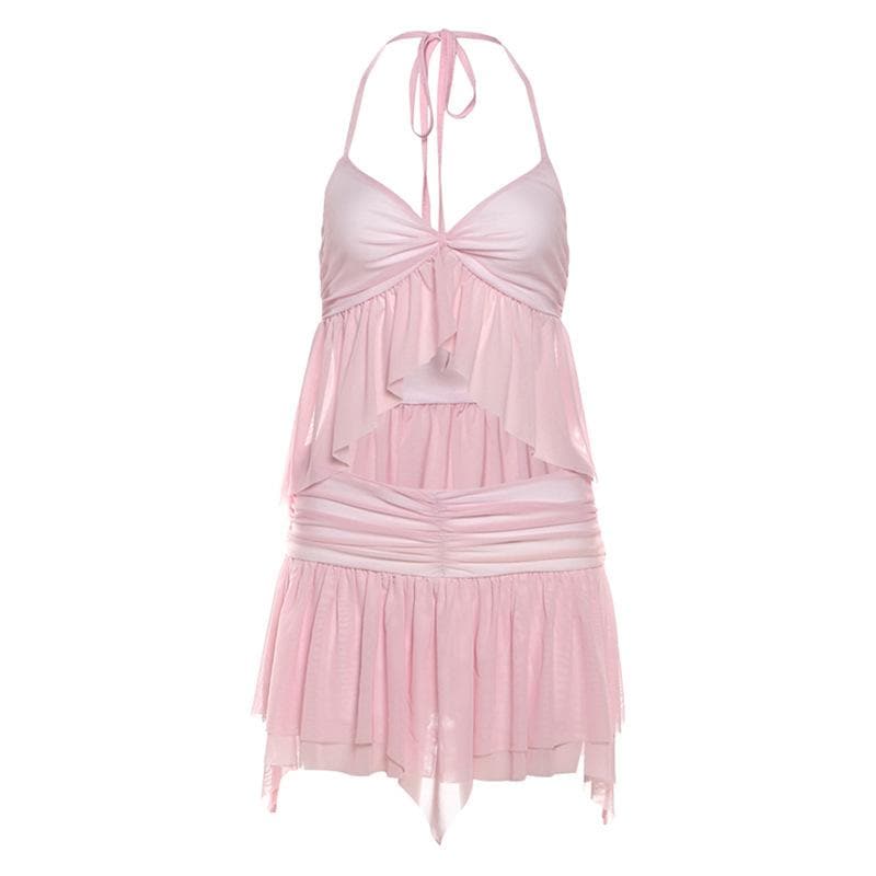 Halter ruffle mesh v neck ruched mini skirt set