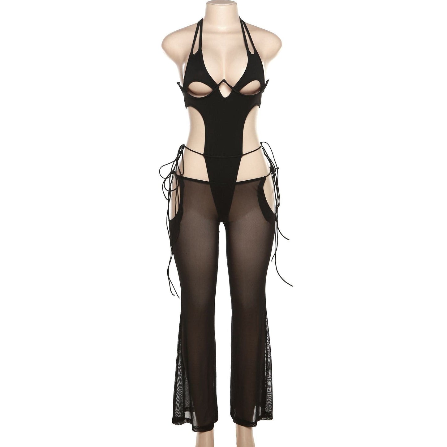 Halter self tie hollow out low cut backless mesh bodysuit pant set-final-sale