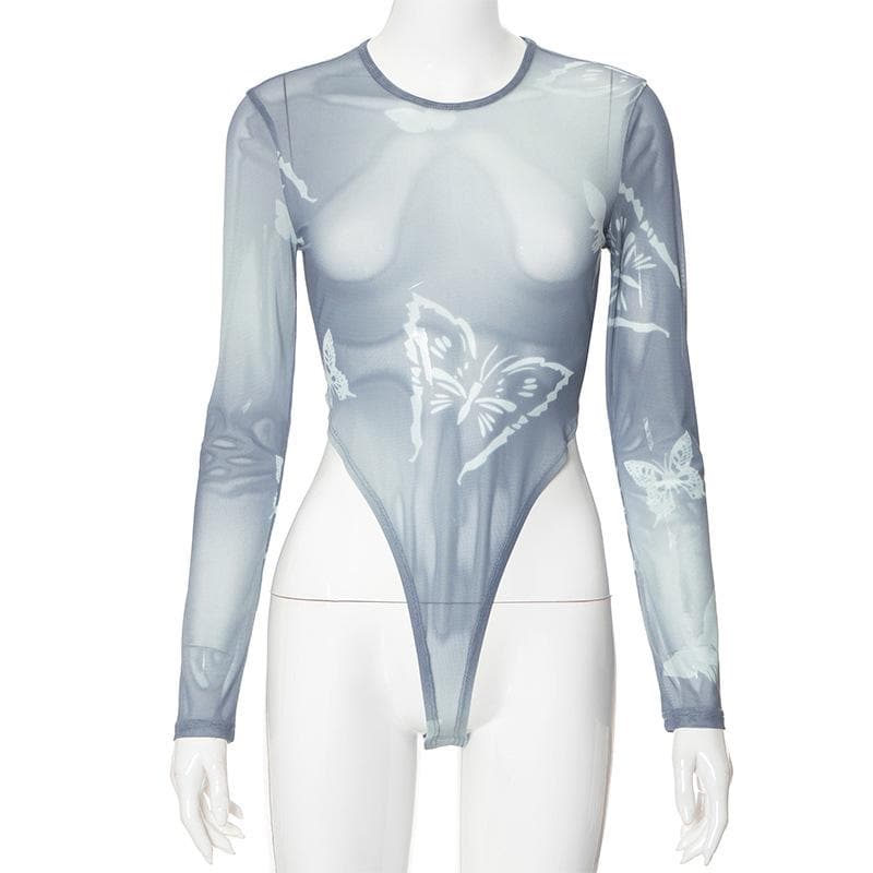 Long sleeve sheer mesh butterfly print bodysuit