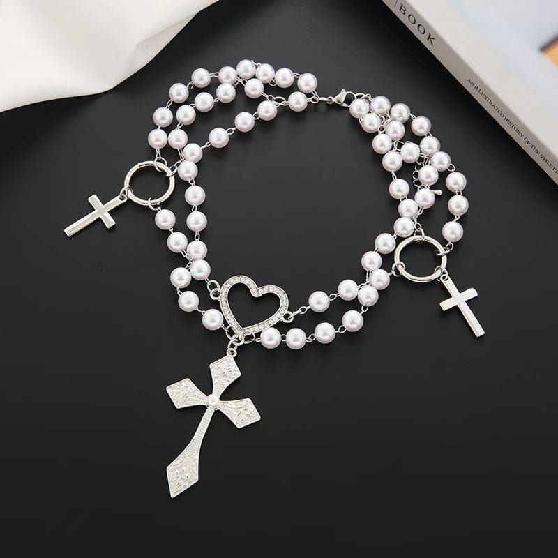 O ring faux pearl layered cross pendant choker necklace