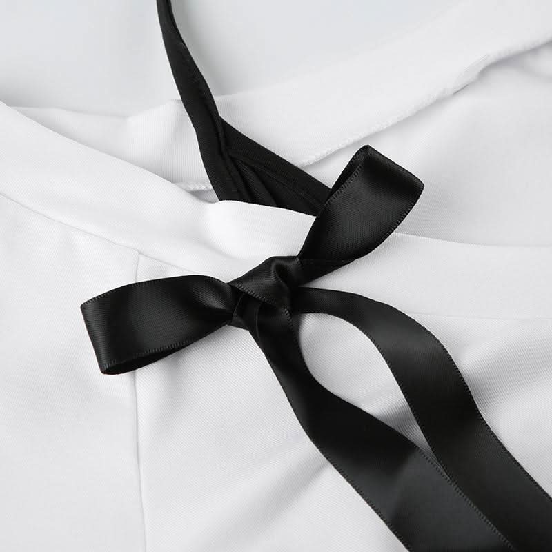 Halter v neck long sleeve bowknot top