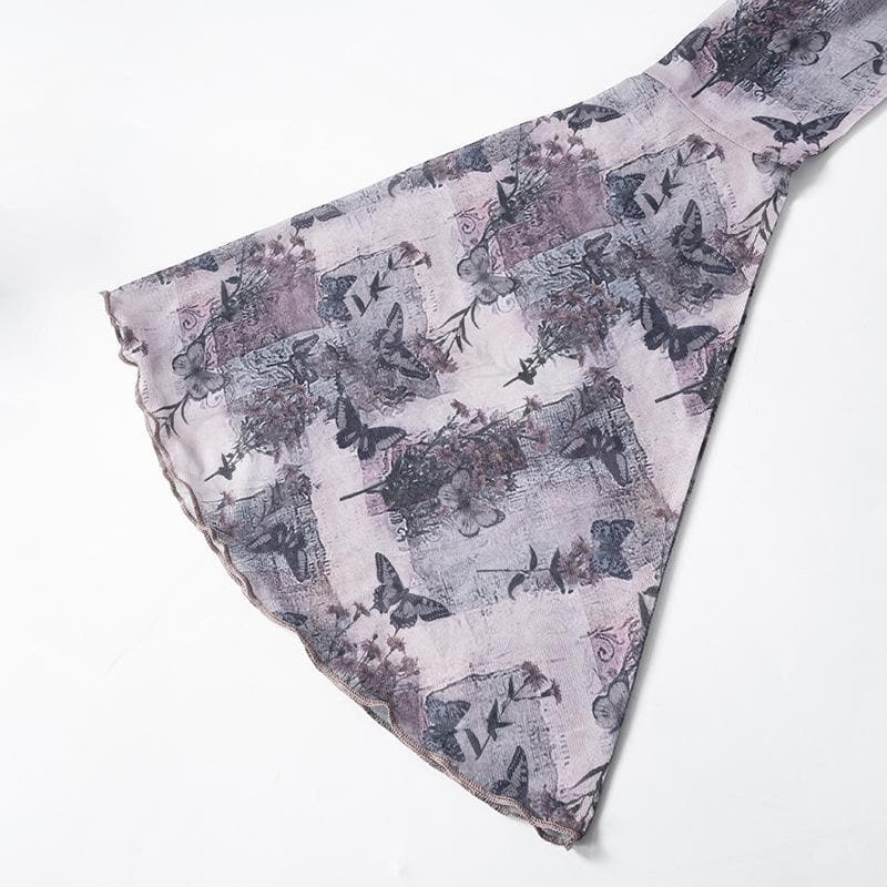 Long flared sleeve butterfly print sheer mesh top