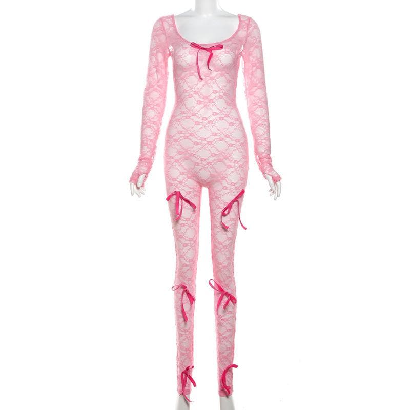 Long sleeve bowknot u neck lace see through jumpsuit-final-sale
