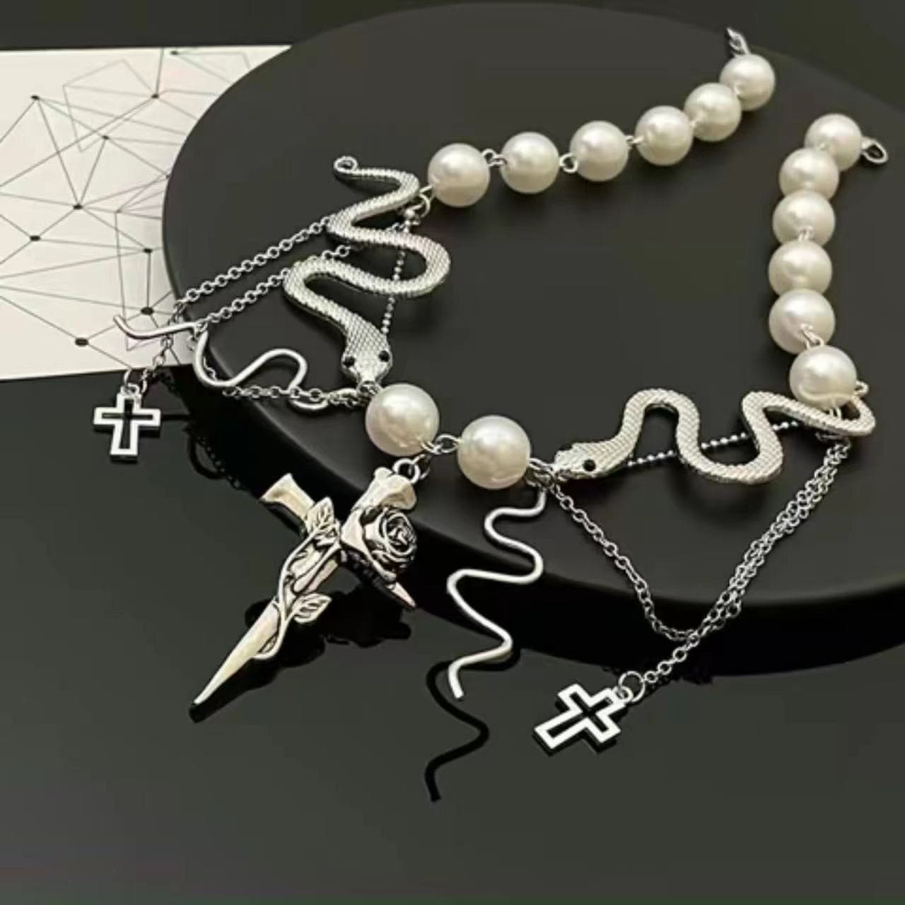Rose cross snake faux pearl choker necklace