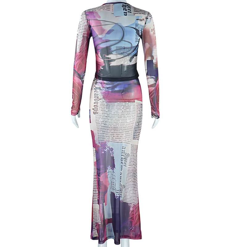 Long sleeve crewneck abstract mesh maxi skirt set
