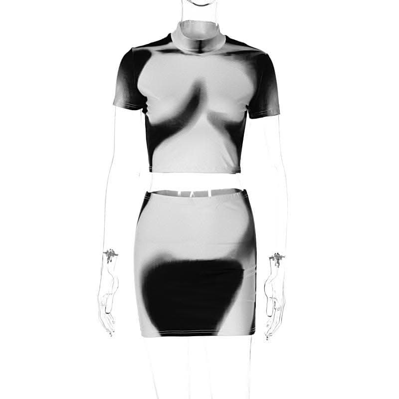 Short sleeve high neck contrast body print mini skirt set-final-sale