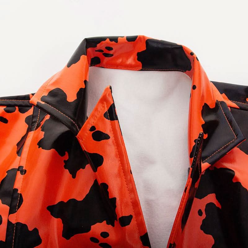 Turnover collar long sleeve PU leather print top