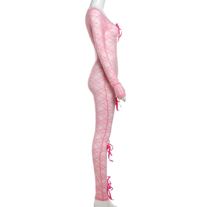 Long sleeve bowknot u neck lace see through jumpsuit-final-sale