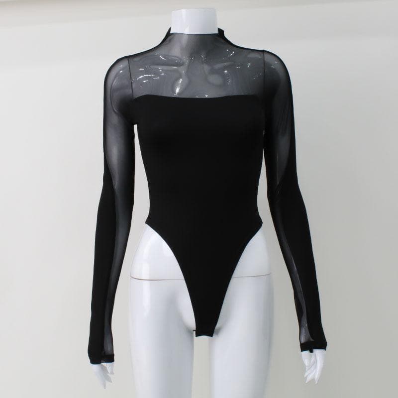 Long sleeve high neck mesh patchwork bodysuit