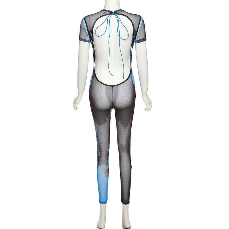Sheer mesh see through contrast short sleeve self tie backless jumpsuit-final-sale