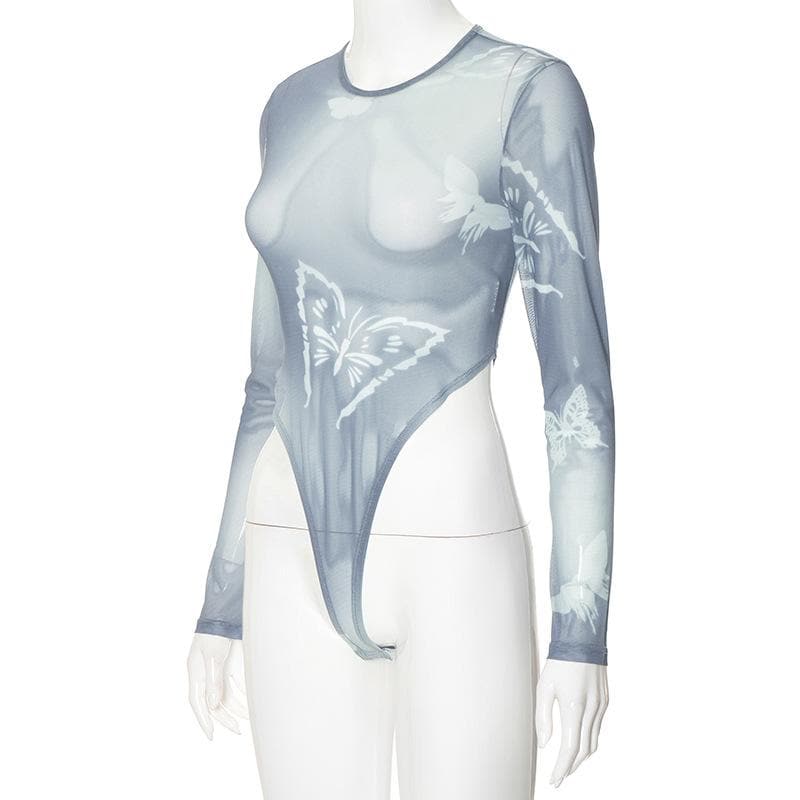 Long sleeve sheer mesh butterfly print bodysuit