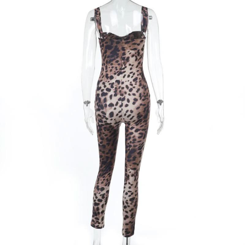 Leopard print v neck backless tank jumpsuit