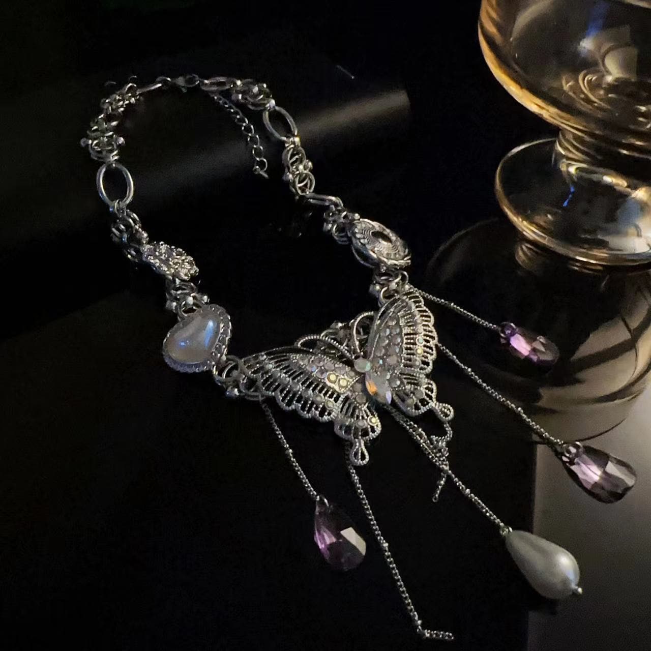 Purple crystal 2 pcs butterfly decor choker necklace