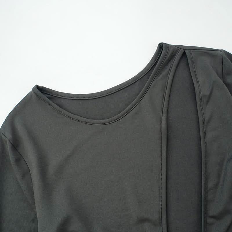 Hollow out long sleeve irregular self tie button bodysuit