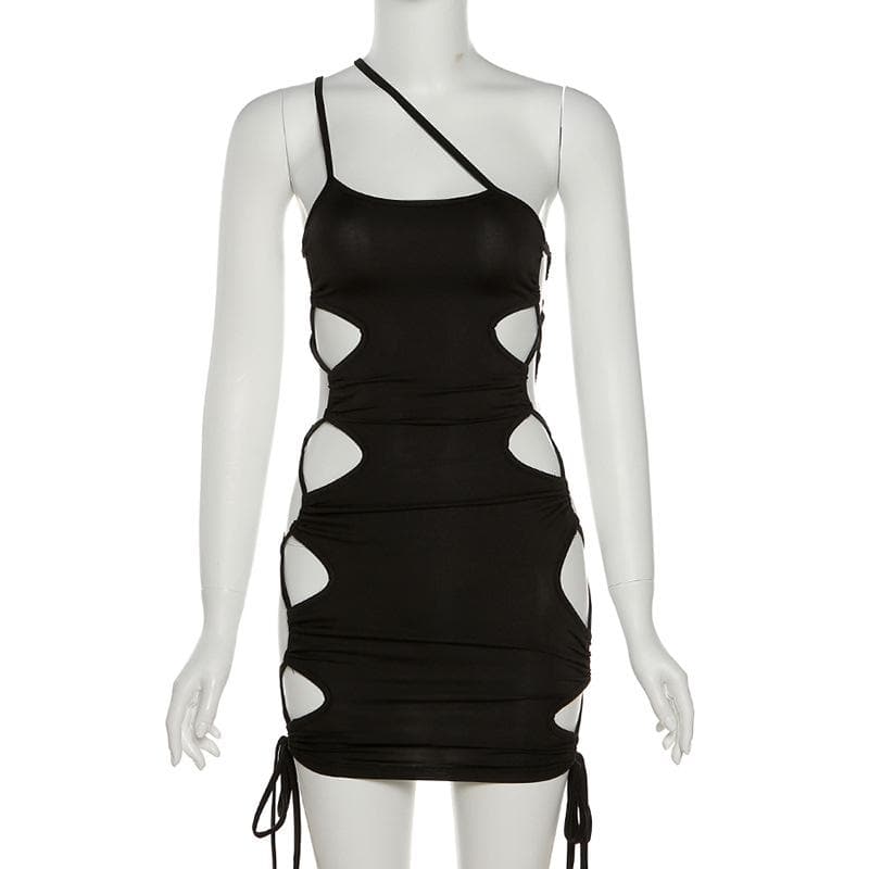 One Shoulder Asymmetric Strap Oval Side Cutout Lace Up Drawstring Mini Dress