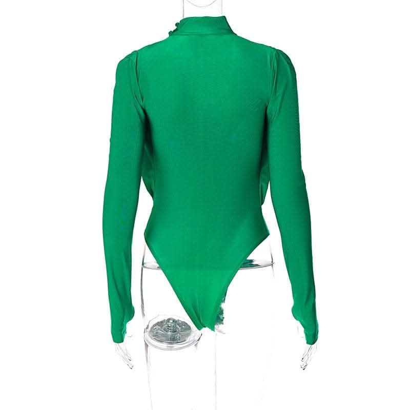 V neck solid ruched gloves high neck long sleeve bodysuit-final-sale