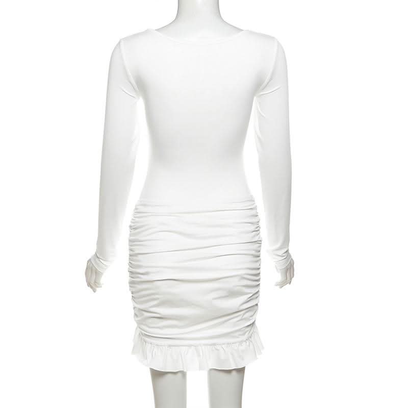 Long sleeve u neck ruched ruffle mini skirt set