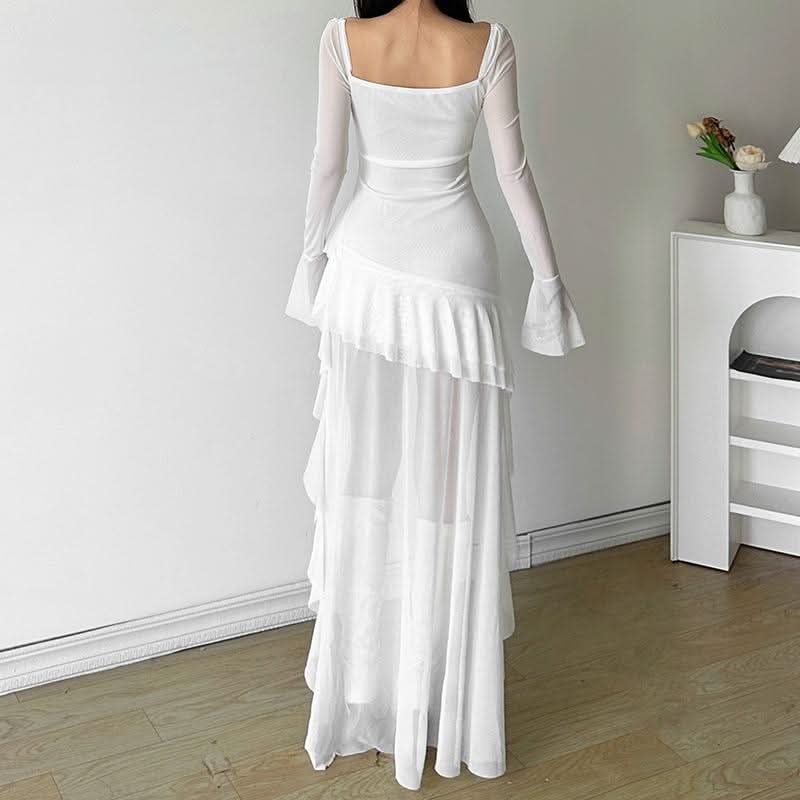 Long flared sleeve irregular mesh ruched mini dress