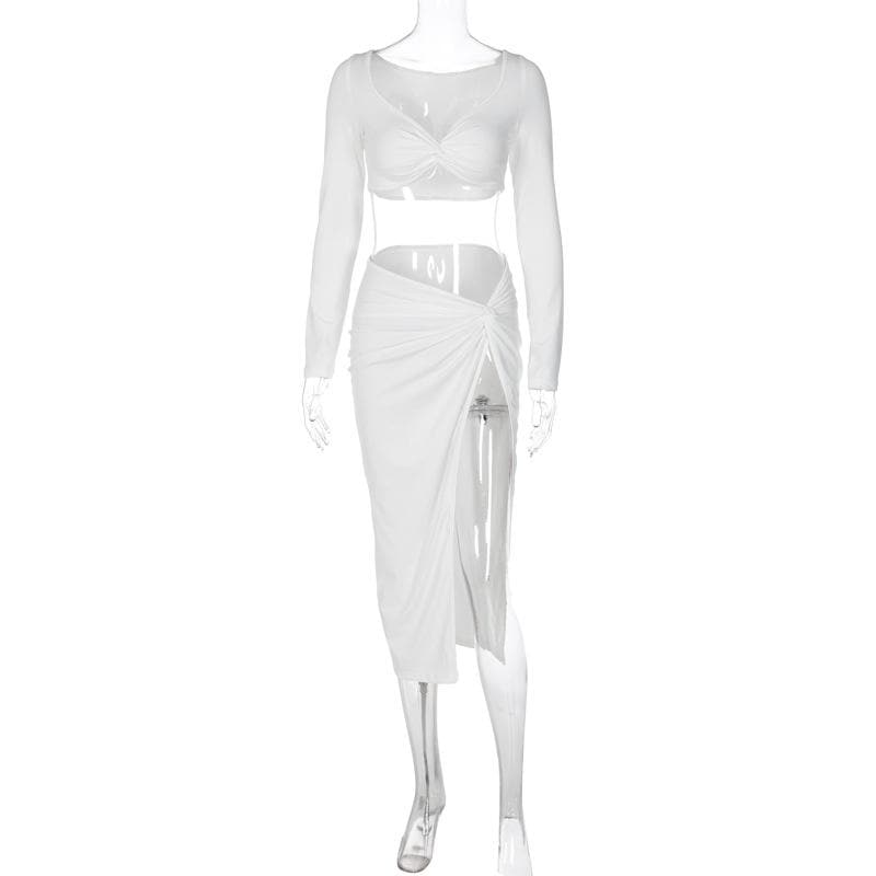 Long sleeve off shoulder high slit midi skirt set