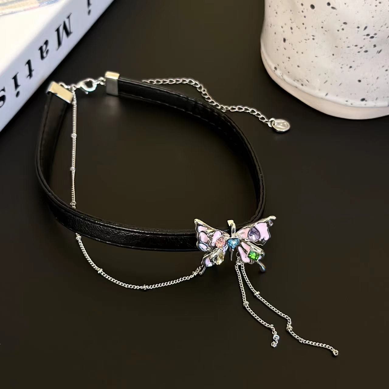 Butterfly multicolor rhinestone tassels choker necklace