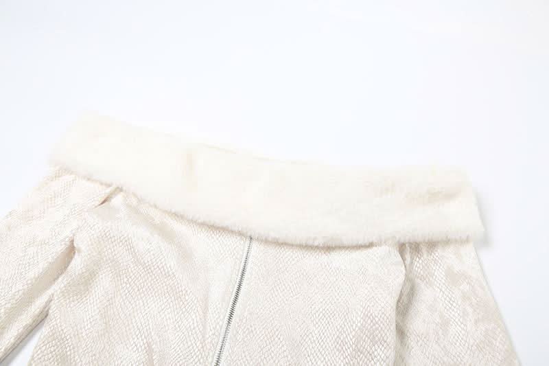 Off shoulder long sleeve fluffy zip-up solid top
