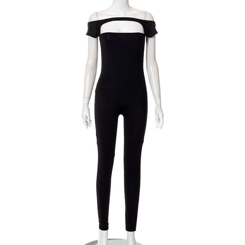 Short sleeve hollow out solid off shoulder backless jumpsuit