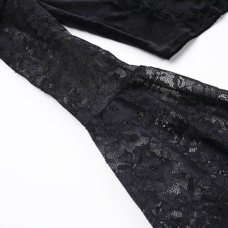 Long flared off shoulder lace cross applique top