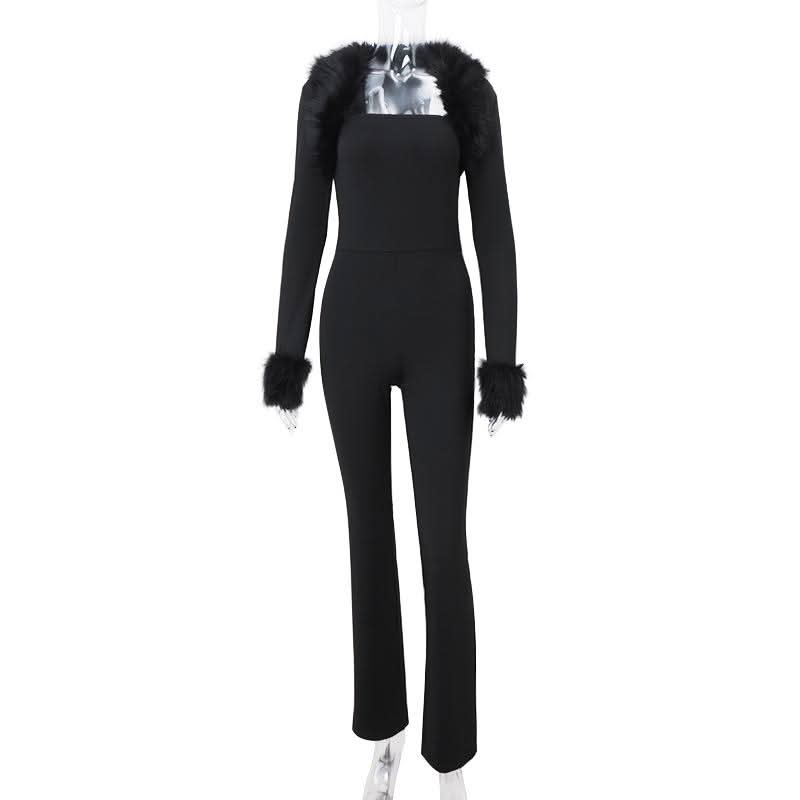Long sleeve fluffy shrug 2 piece tube jumpsuit