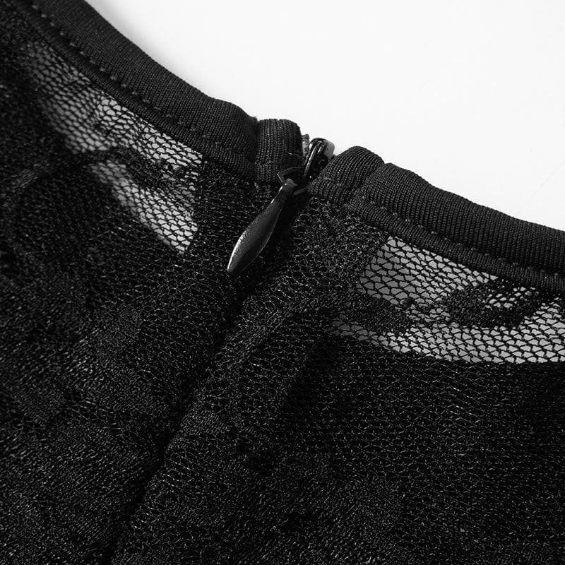 Long sleeve crewneck lace see through zip-up jumpsuit