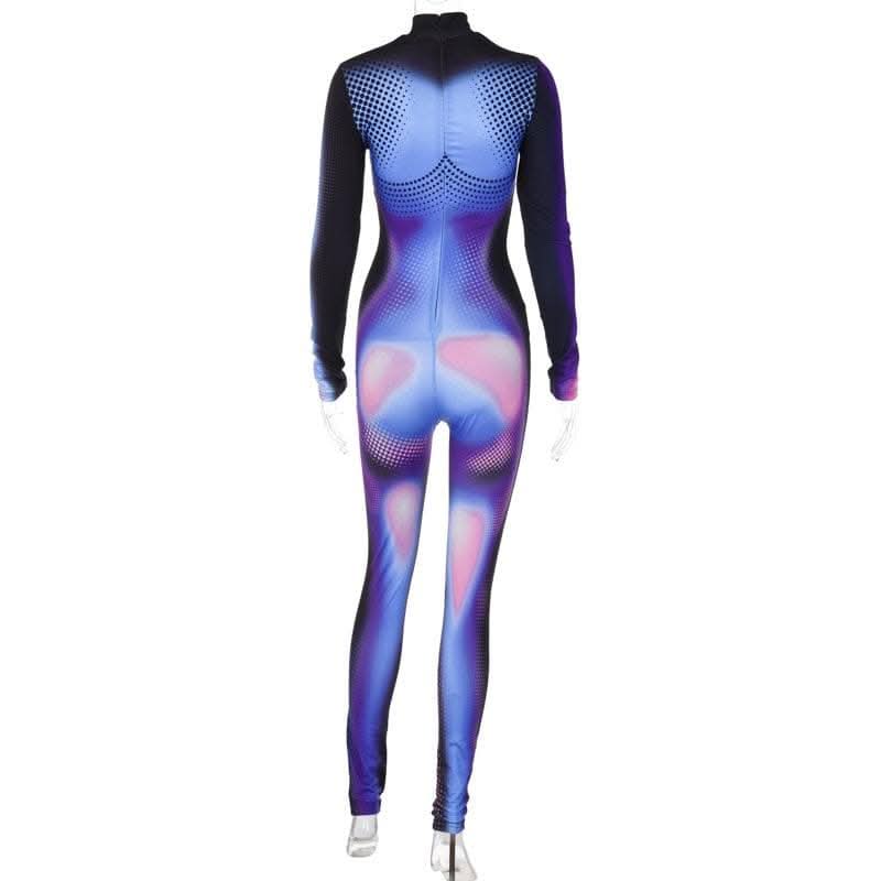 Zip-up long sleeve contrast polka dot thermal print high neck jumpsuit - Final Sale-final-sale