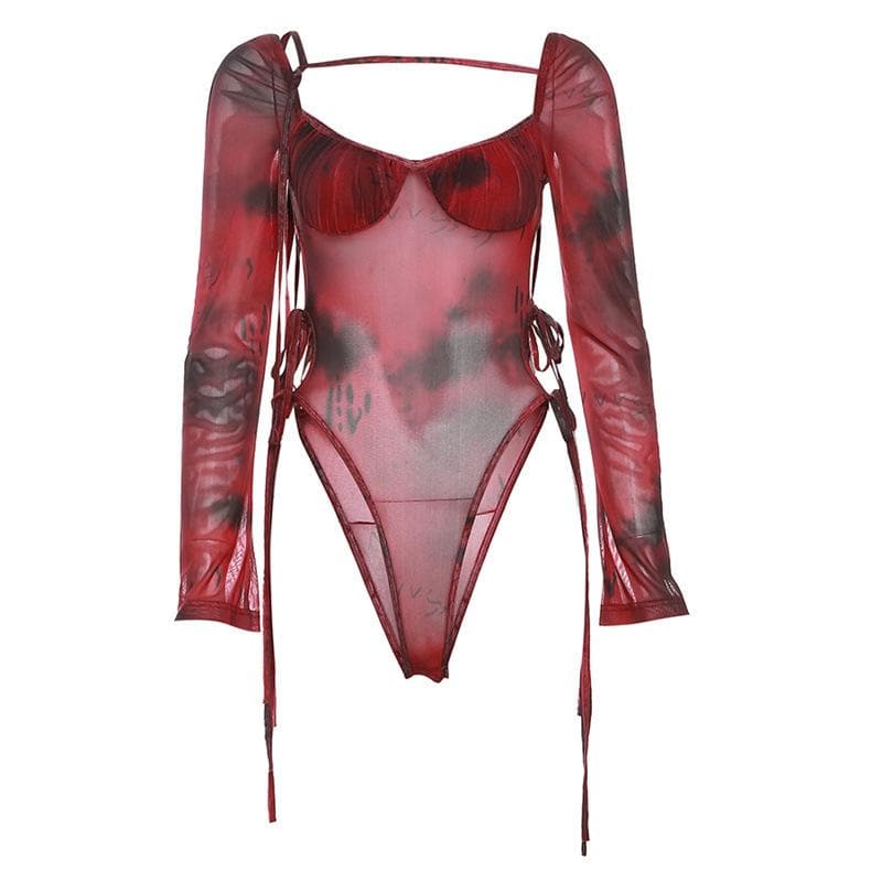 Long sleeve ruched mesh tie dye bodysuit