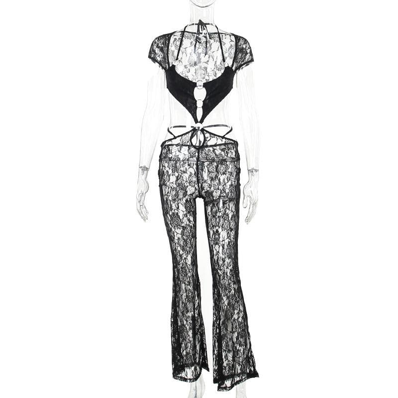 Short sleeve halter o ring lace hollow out jumpsuit