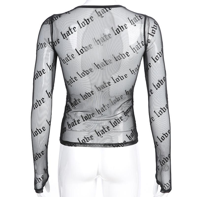 Sheer mesh "hate love" print see through solid long sleeve gloves top