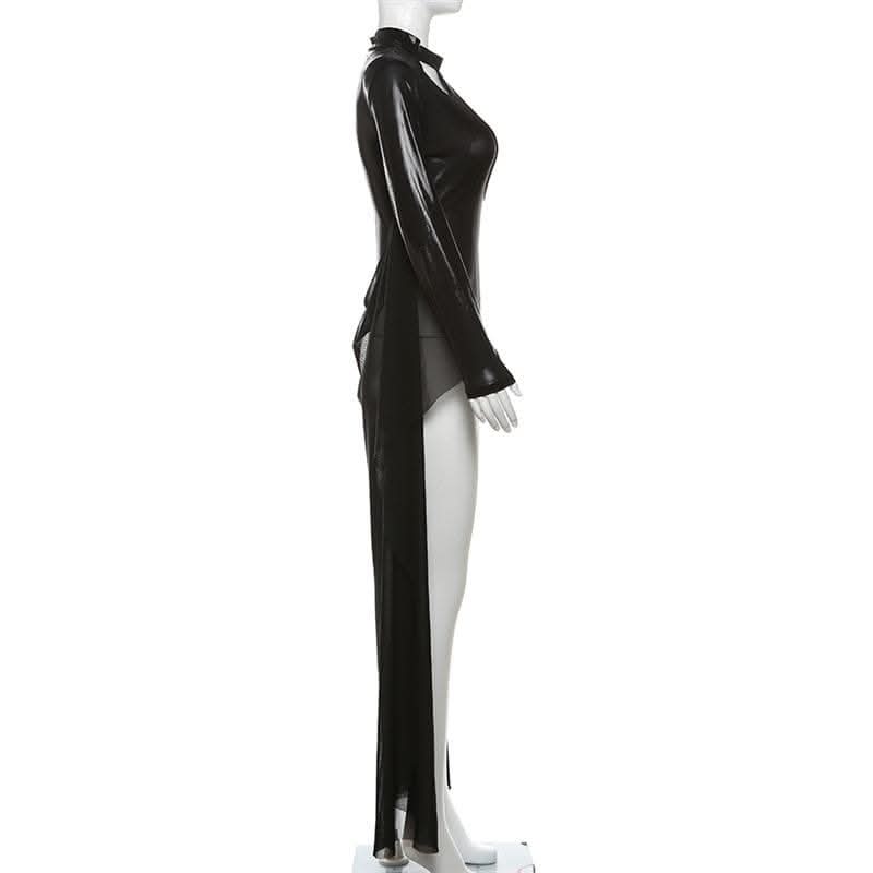 Long sleeve high neck PU leather hollow out mesh bodysuit-final-sale