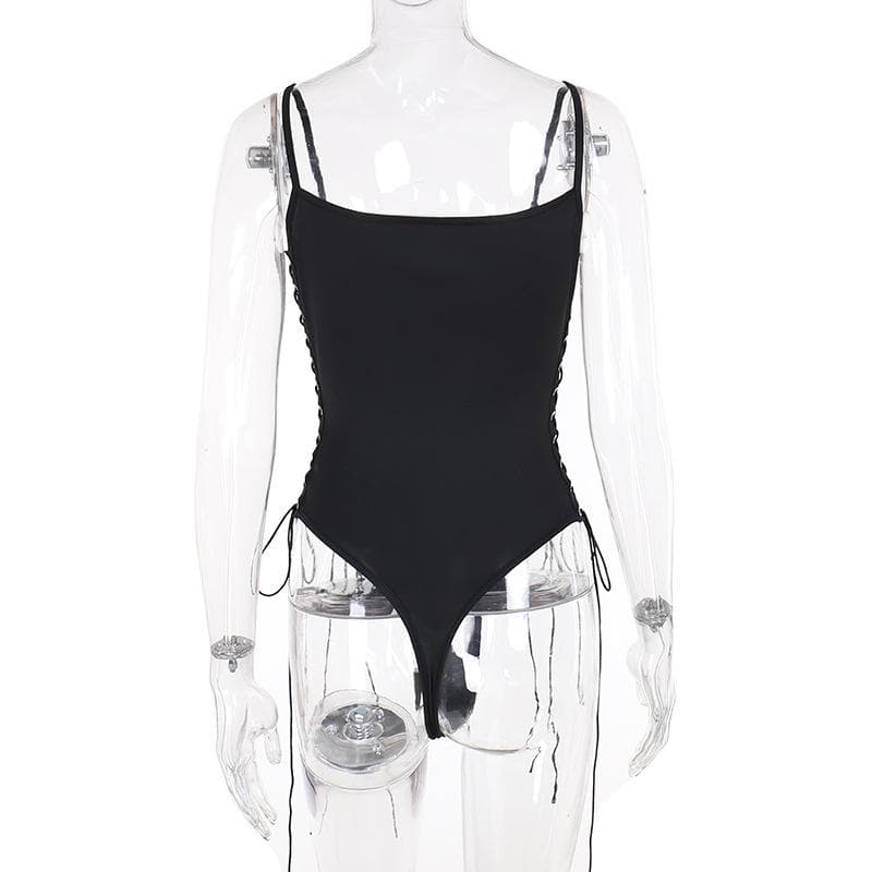 V neck lace up hollow out solid cami bodysuit