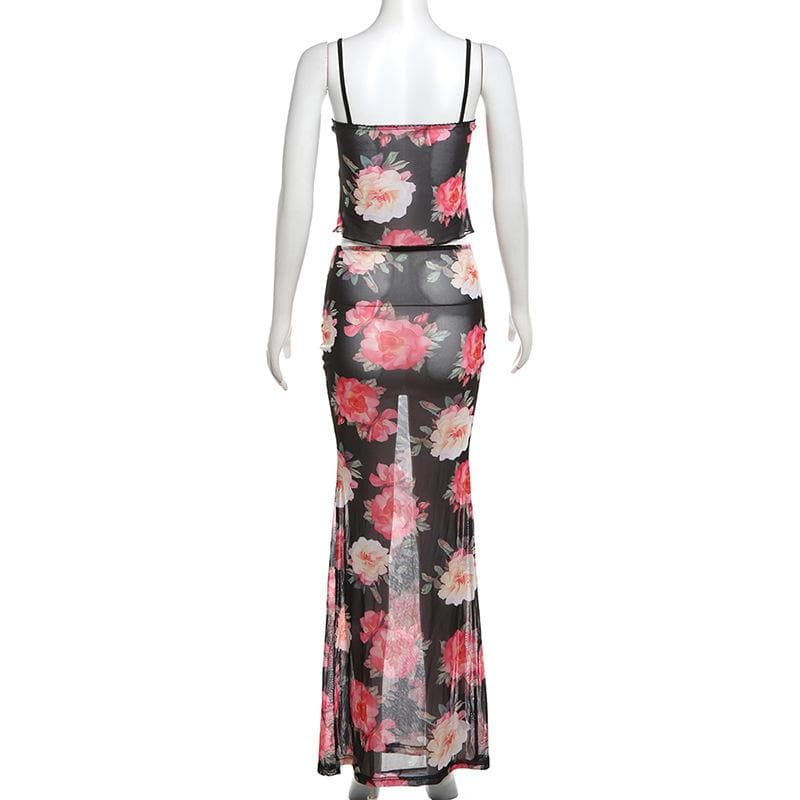 Sheer mesh flower print ruffle v neck cami skirt set