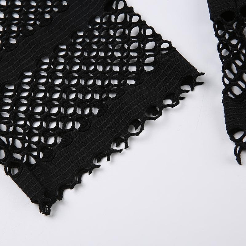 Hollow out long sleeve fishnet see through buckle solid crop cut out top