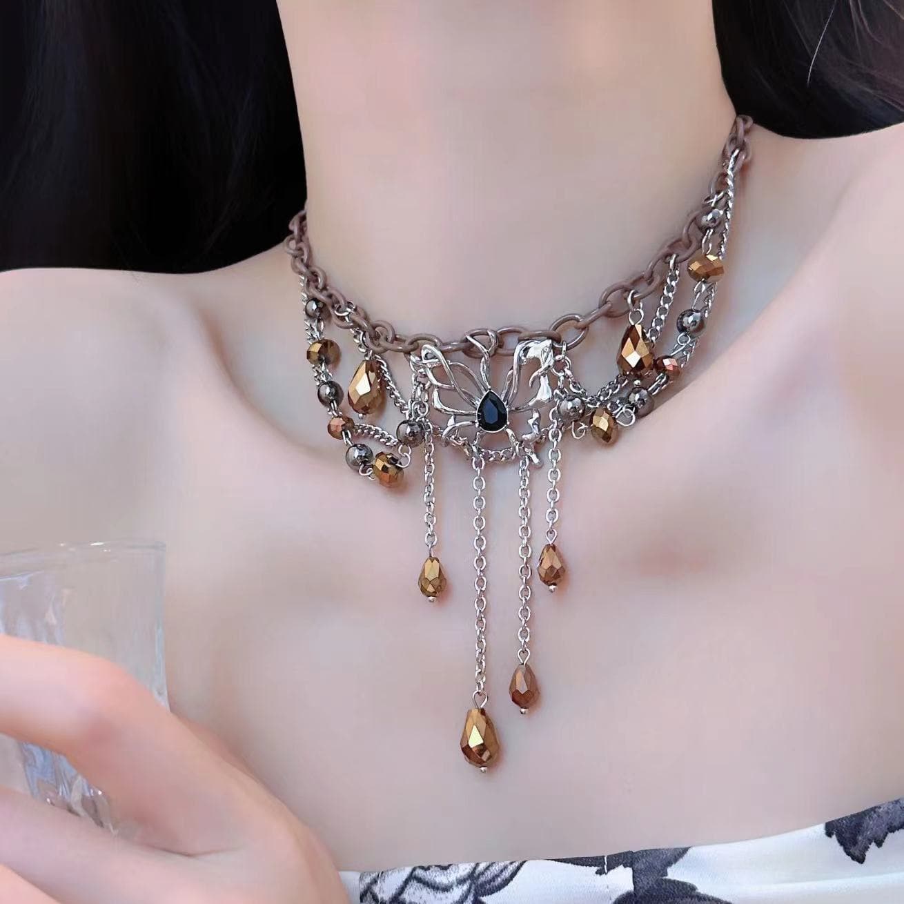 Butterfly decor crystal pendant choker necklace