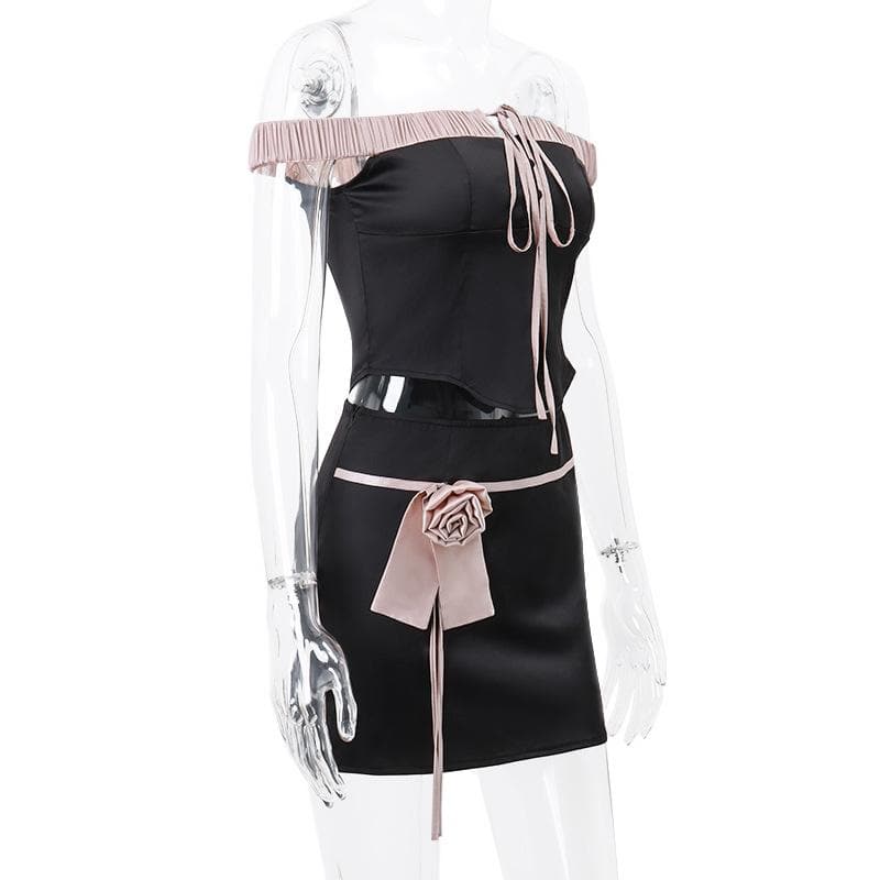 Off shoulder self tie flower applique zip-up button mini skirt set