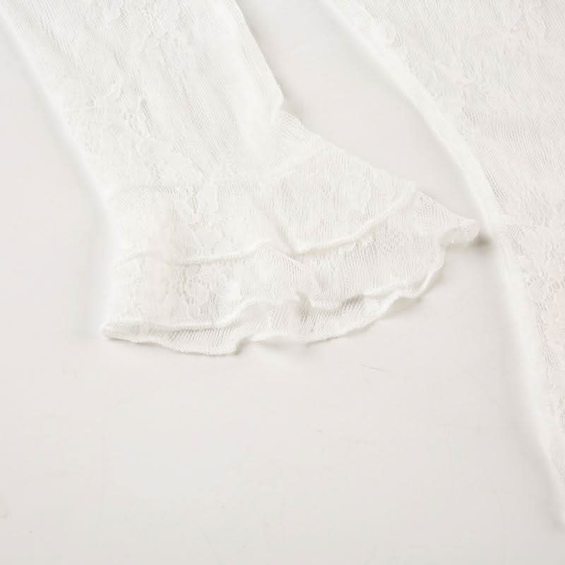 Long sleeve ruffle lace see through top