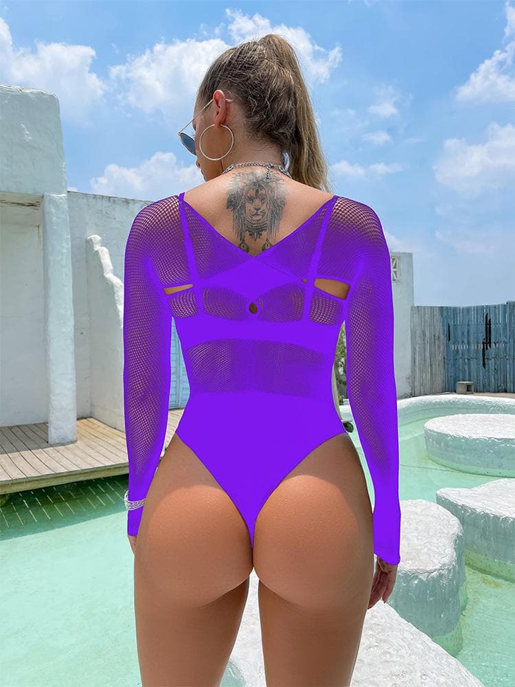 Long sleeve hollow out cross front net bodysuit