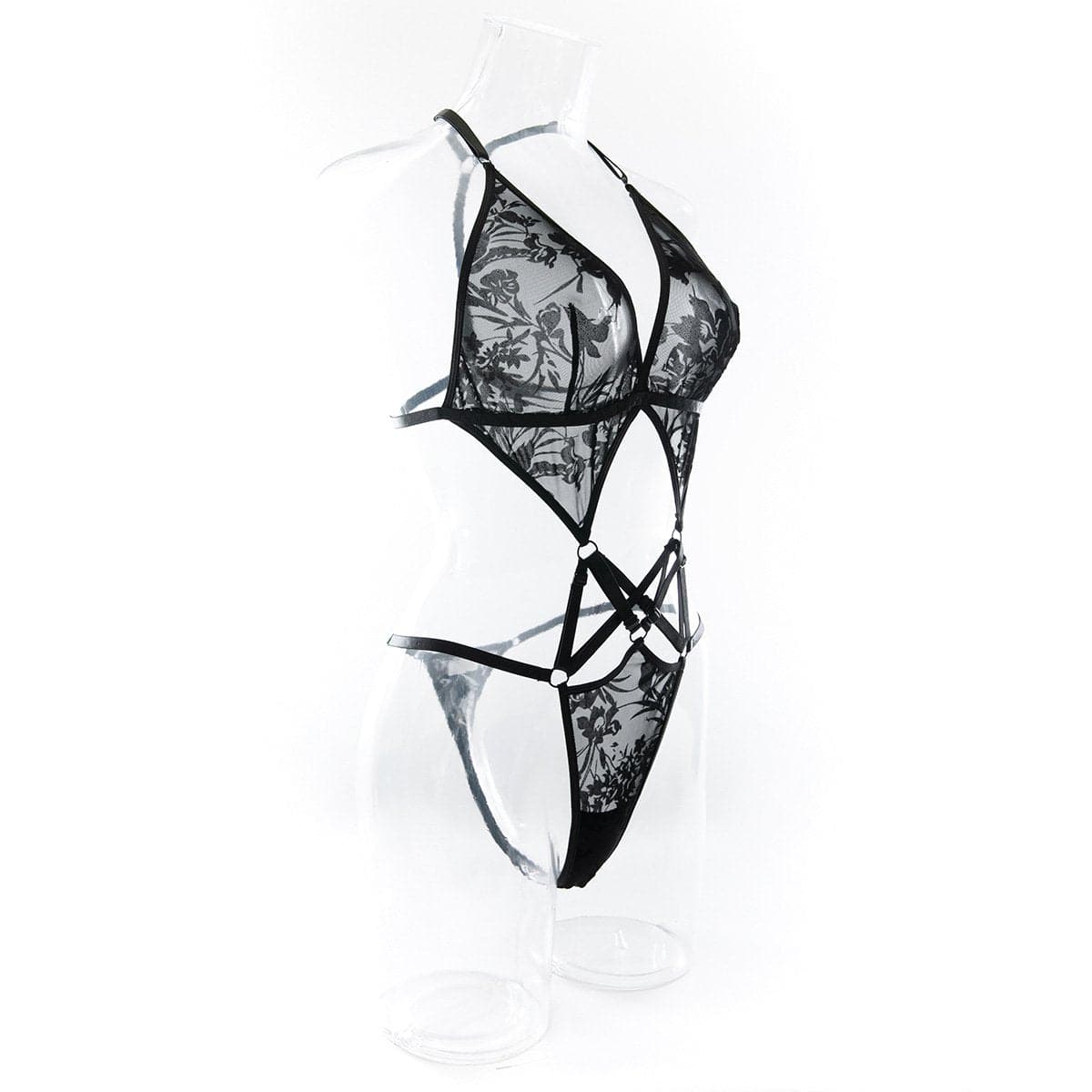Print mesh v neck hollow out cami bodysuit
