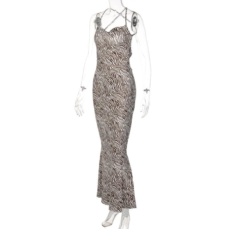 Zebra Print Criss Cross Back Cowl Neck Mermaid Maxi Dress