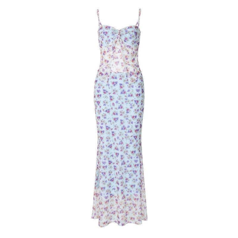 Print ruched high slit sweetheart neck mesh cami maxi skirt set