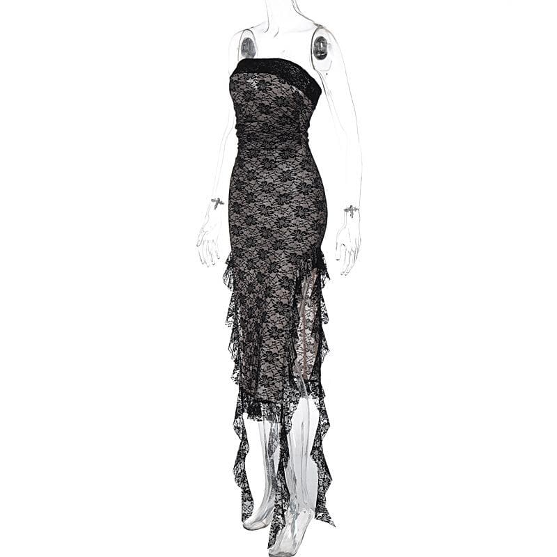 Strapless Floral Lace Ruffle Side Ribbon Contrast Tube Midi Dress